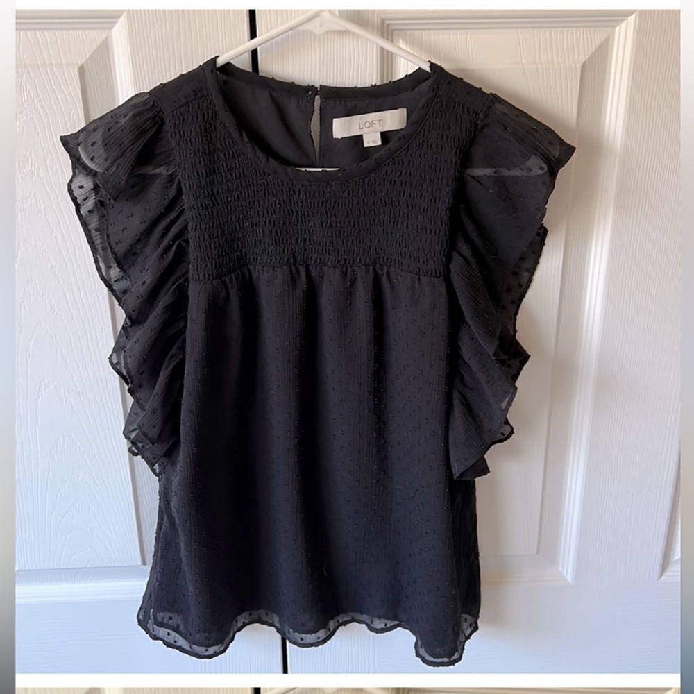 Loft Black Ruffle Top, Size Med